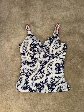 Anne Cole Twist Front Navy and White Printed Tankini Tank Top w/ Red Lace Trim